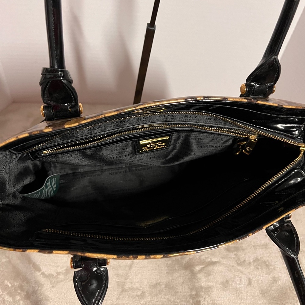 Lauren Ralph Lauren Leopard Print Tote with Black Patent Leather. - Picture 5 of 13